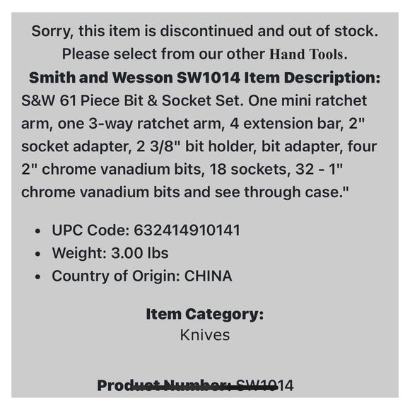 Smith and Wesson S&W 61 Piece Bit & Socket Set. Knives SW1014 Discontinued - Picture 10 of 11